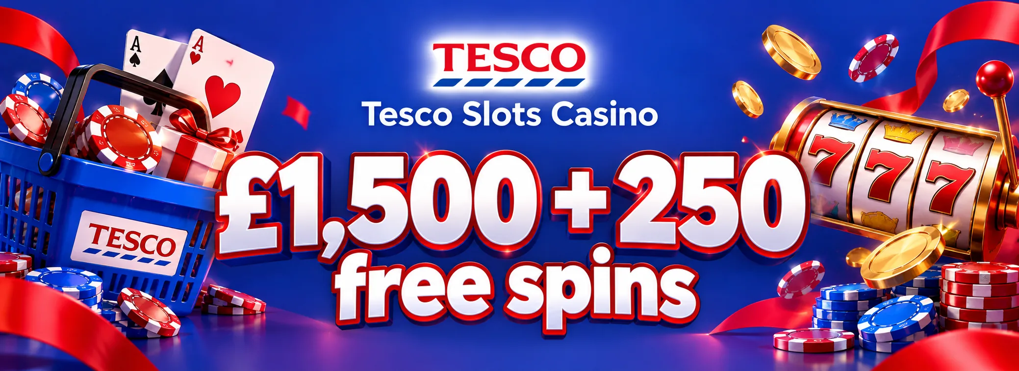 Tesco Slots Casino promotions panel showing the £1,500 match and 250 free spins